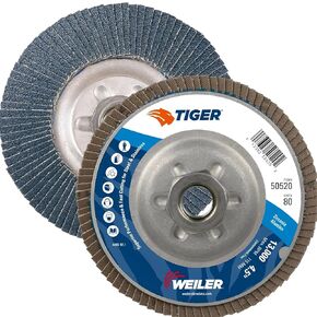 Weiler 50520 Tiger Abrasive Flap Disc, Type 29, Threaded Hole, Aluminum Backing, Zirconia Alumina, 4-1/2" Dia., 80 Grit (Pack of 10)