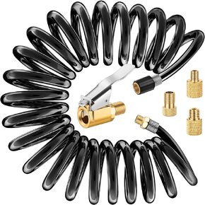 LUMITECO 9.8 FT Extension Recoil Air Hose Adapter, Clip-On Air Chuck w/Presta Valve Adapter & Flexible PU Hose for Air Compressor Attachments, Tire Inflator Pump Air Hose Nozzle for Car Motorcycle