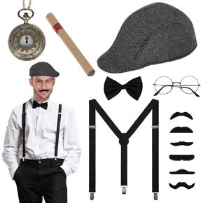 nezababycos 1920s Gatsby Costume Accessories Mens Peaky Gangster Roaring 20s Outfit Tommy Cosplay Accessories Suit with 1920s Hat, Suspenders, Bow Tie, Moustaches, Glasses, Vintage Pocket Watch