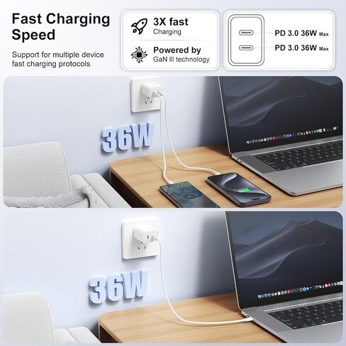 Susnwere GaN USB C Wall Charger Plug,36W Dual Port Type c Fast Charger Block,Super PD 3.0 Power Delivery Adapter for Laptop Computer & Tablets/Phones (iPhone 15/14/13/12/11/X, iPad, Samsung, Google in Kuwait