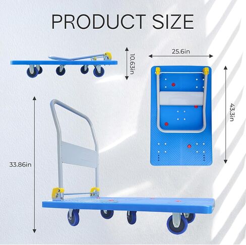 Doppy Flatbed Cart, 1320lbs Heavy Duty Capacity Platform Hand Truck 360 Degree Swivel Wheels Foldable Push Hand Cart for Loading and Storage, Warehouse (Blue) in Kuwait