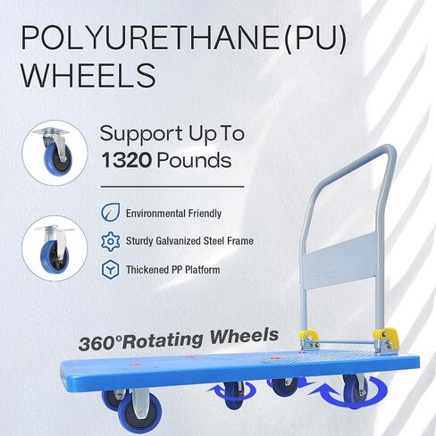 Doppy Flatbed Cart, 1320lbs Heavy Duty Capacity Platform Hand Truck 360 Degree Swivel Wheels Foldable Push Hand Cart for Loading and Storage, Warehouse (Blue) in Kuwait