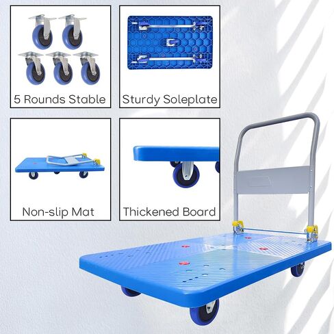 Doppy Flatbed Cart, 1320lbs Heavy Duty Capacity Platform Hand Truck 360 Degree Swivel Wheels Foldable Push Hand Cart for Loading and Storage, Warehouse (Blue) in Kuwait