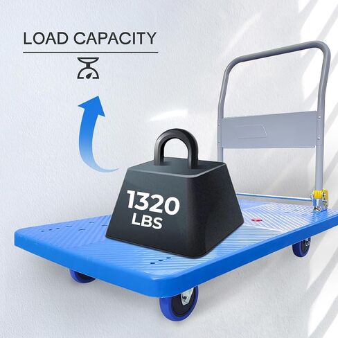 Doppy Flatbed Cart, 1320lbs Heavy Duty Capacity Platform Hand Truck 360 Degree Swivel Wheels Foldable Push Hand Cart for Loading and Storage, Warehouse (Blue) in Kuwait