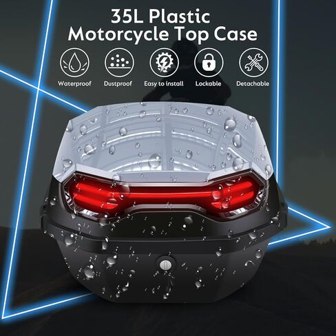 lesanm 35l دراجة نارية أعلى حالة، دراجة نارية يوميا الذيل مربع الجذع قابل للقفل تخزين الناقل البلاستيك للماء موتو أعلى مربع مع مسند الظهر البلاستيك احيط العالمي تصاعد للأمتعة خوذة - أسود in Kuwait