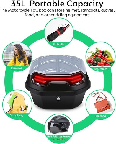 lesanm 35l دراجة نارية أعلى حالة، دراجة نارية يوميا الذيل مربع الجذع قابل للقفل تخزين الناقل البلاستيك للماء موتو أعلى مربع مع مسند الظهر البلاستيك احيط العالمي تصاعد للأمتعة خوذة - أسود in Kuwait