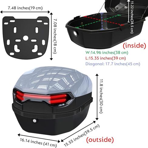 lesanm 35l دراجة نارية أعلى حالة، دراجة نارية يوميا الذيل مربع الجذع قابل للقفل تخزين الناقل البلاستيك للماء موتو أعلى مربع مع مسند الظهر البلاستيك احيط العالمي تصاعد للأمتعة خوذة - أسود in Kuwait