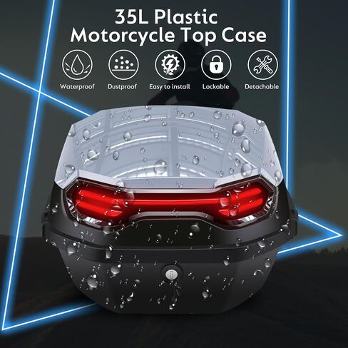 LESANM 35L Motorcycle Top Case, Motorcycle Daily Tail Box Trunk Lockable Storage Carrier Plastic Waterproof Moto Top Box with Contoured Plastic Backrest Universal Mounting for Helmet Luggage - Black in Saudi Arabia