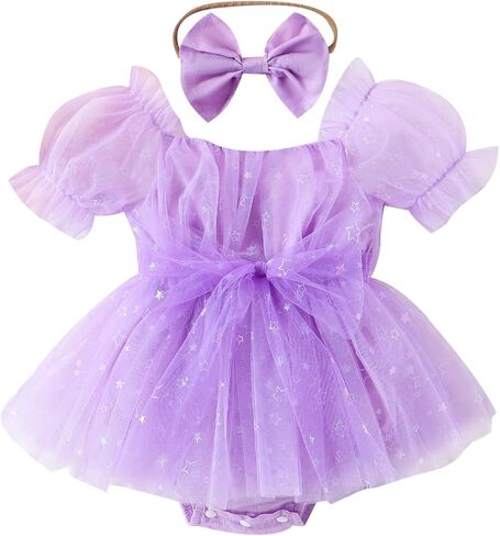 Eaerobc Infant Baby Girl Romper Dress Shiny Stars Mesh Short Puff Sleeve Jumpsuits Princess Outfits in Saudi Arabia