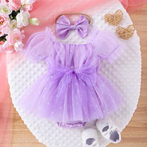 Eaerobc Infant Baby Girl Romper Dress Shiny Stars Mesh Short Puff Sleeve Jumpsuits Princess Outfits in Saudi Arabia
