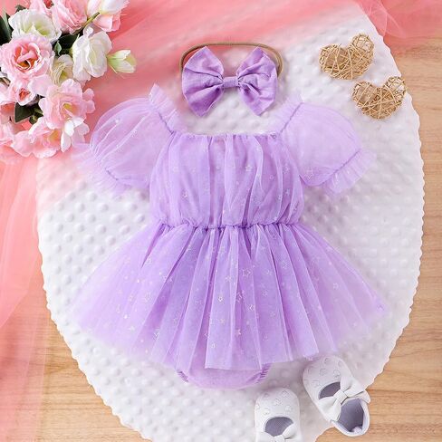 Eaerobc Infant Baby Girl Romper Dress Shiny Stars Mesh Short Puff Sleeve Jumpsuits Princess Outfits in Saudi Arabia