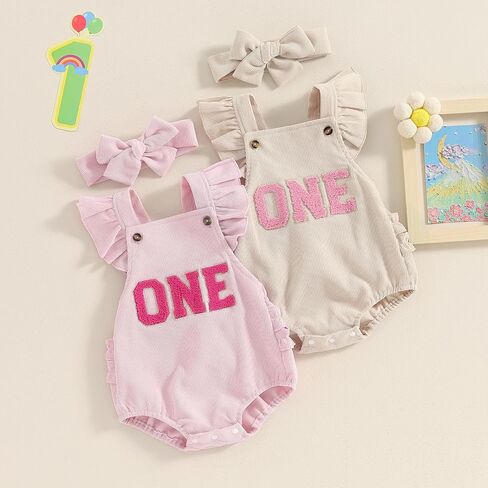 ALOPCFWM Baby Girl 1st Birthday Outfit One Embroidery Romper Corduroy Flying Sleeve Romper Bodysuit Cute Cake Smash Outfit in Saudi Arabia