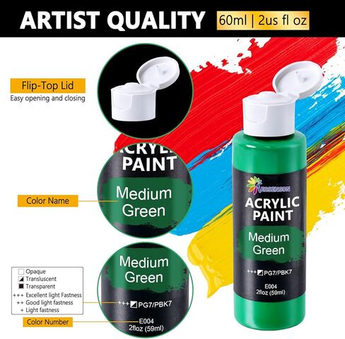 طلاء أكريليك، مجموعة طلاء أكريليك مكونة من 24 لونًا، زجاجات سعة 2 أونصة/59 مل، دهانات أكريليك فاخرة للفنانين والمبتدئين والكبار على قماش صخور وخشب وسيراميك in Kuwait