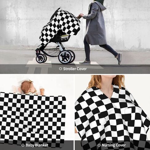 Black White Checkered Baby Car Seat Canopy Cover Multi Use Nursing Cover for Newborn Car Seat Canopy Mom Nursing Breastfeeding Covers Newborn Shower Gift in Saudi Arabia
