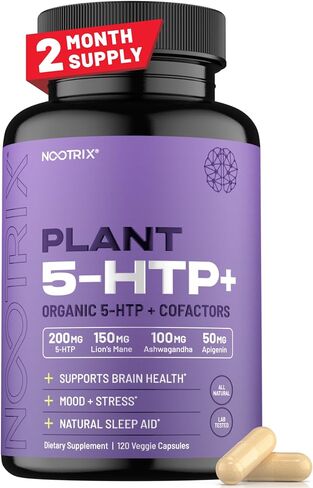 Nootrix Organic Plant 5HTP+ العامل المساعد فيتامين B6، Lions Mane، Apigenin، مكمل L Theanine مع أشواغاندا - مكمل للدماغ - يدعم المزاج والإدراك ونوم أفضل - 5 HTP - 120 كبسولة نباتية in Kuwait
