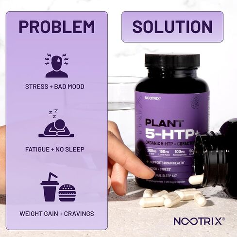 Nootrix Organic Plant 5HTP+ العامل المساعد فيتامين B6، Lions Mane، Apigenin، مكمل L Theanine مع أشواغاندا - مكمل للدماغ - يدعم المزاج والإدراك ونوم أفضل - 5 HTP - 120 كبسولة نباتية in Kuwait