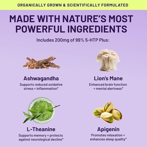 Nootrix Organic Plant 5HTP+ العامل المساعد فيتامين B6، Lions Mane، Apigenin، مكمل L Theanine مع أشواغاندا - مكمل للدماغ - يدعم المزاج والإدراك ونوم أفضل - 5 HTP - 120 كبسولة نباتية in Kuwait