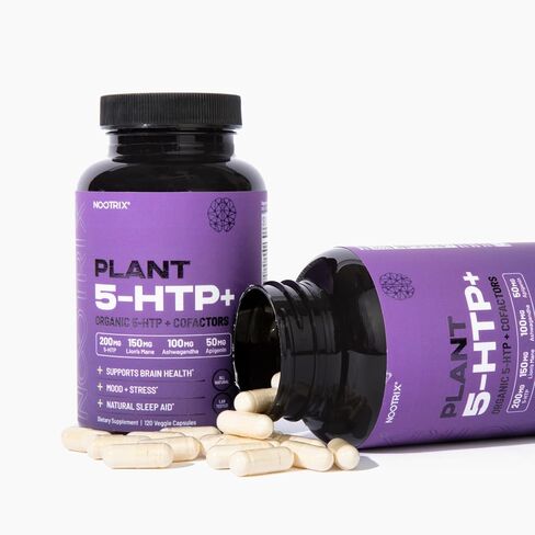 Nootrix Organic Plant 5HTP+ العامل المساعد فيتامين B6، Lions Mane، Apigenin، مكمل L Theanine مع أشواغاندا - مكمل للدماغ - يدعم المزاج والإدراك ونوم أفضل - 5 HTP - 120 كبسولة نباتية in Kuwait