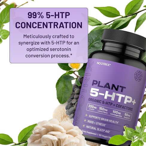 Nootrix Organic Plant 5HTP+ العامل المساعد فيتامين B6، Lions Mane، Apigenin، مكمل L Theanine مع أشواغاندا - مكمل للدماغ - يدعم المزاج والإدراك ونوم أفضل - 5 HTP - 120 كبسولة نباتية in Kuwait