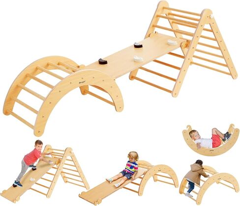 Beright 4 in 1 Pikler Triangle Set Upgraded, Foldable Toddler Climbing Toys Indoor Playground, Montessori Learning Toys, Kids Indoor Gym with with Arch, Ramp, Learning Waldorf Toy, Rainbow in Kuwait