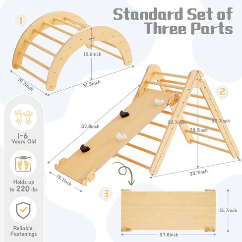 Beright 4 in 1 Pikler Triangle Set Upgraded, Foldable Toddler Climbing Toys Indoor Playground, Montessori Learning Toys, Kids Indoor Gym with with Arch, Ramp, Learning Waldorf Toy, Rainbow in Kuwait