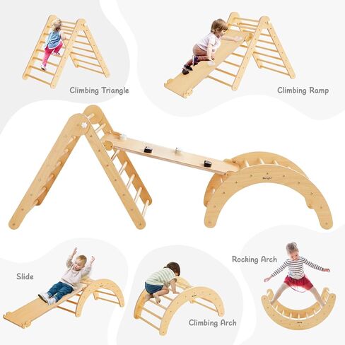 Beright 4 in 1 Pikler Triangle Set Upgraded, Foldable Toddler Climbing Toys Indoor Playground, Montessori Learning Toys, Kids Indoor Gym with with Arch, Ramp, Learning Waldorf Toy, Rainbow in Kuwait