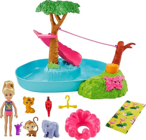Barbie and Chelsea The Lost Birthday Splashtastic Pool Surprise Playset with Chelsea Doll (6-in), 3 Baby Animals, Slide, Zipline & Accessories, Gift for 3 to 7 Year Olds in Kuwait
