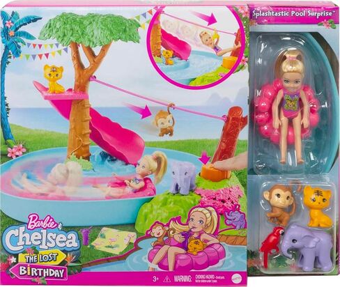 Barbie and Chelsea The Lost Birthday Splashtastic Pool Surprise Playset with Chelsea Doll (6-in), 3 Baby Animals, Slide, Zipline & Accessories, Gift for 3 to 7 Year Olds in Kuwait