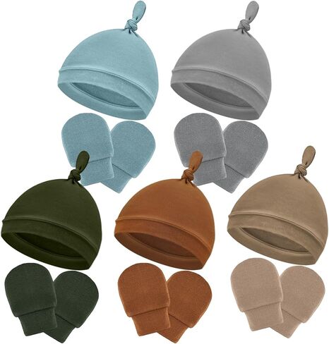 Cuffbow 10 Pcs Unisex Newborn Baby Hat and Mittens Set 5 Pcs Newborn Baby Hats 5 Pairs Newborn Mittens for Baby Boys Girls 0-6 Months in Kuwait
