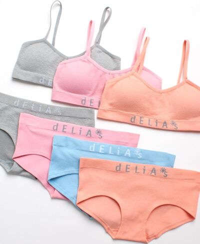 مجموعة ملابس داخلية حمالة صدر للتدريب للفتيات من dELiA*s - 7 قطع حمالة صدر للتدريب مضلعة قابلة للتمدد وسراويل داخلية محببة (7-16) in Kuwait