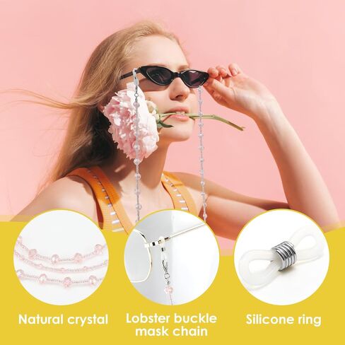 Jawfait Pink Eyeglass Chain for Women Stylish,Natural Crystal Mask Chain Necklace Lanyard for Girl，Glasses Around Neck Beaded Chain in Saudi Arabia