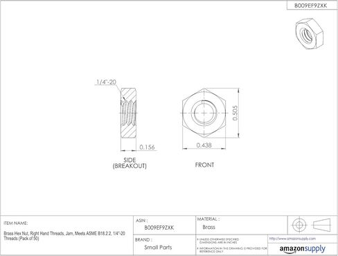 صامولة مربى نحاسية، لمسة نهائية سادة، ASME B18.2.2، مقاس 1/4 بوصة - 20 خيط، عرض 7/16 بوصة عبر الشقق، سمك 5/32 بوصة (عبوة من 50 قطعة) in Kuwait