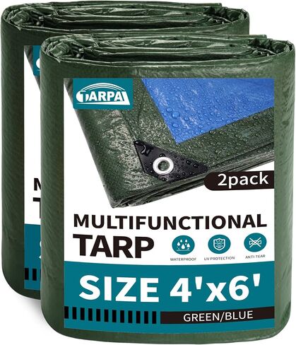 TARPAL 4x6 قماش القنب الأخضر مقاوم للماء (عبوتان) غطاء حماية صغير متعدد الأغراض لجميع الأغراض من قماش القنب للأثاث الخارجي من الحطب وما إلى ذلك in Kuwait