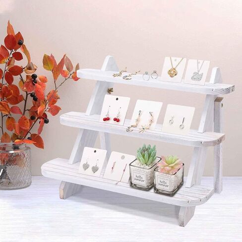 حامل عرض خشبي من Jewack، حامل عرض حلقي وحلقة من 3 طبقات، حوامل كب كيك للمزرعة، رفوف عرض للحرف اليدوية، حامل عرض طاولة للبائعين، عرض منظم لعروض الطاولة (أبيض) in Kuwait