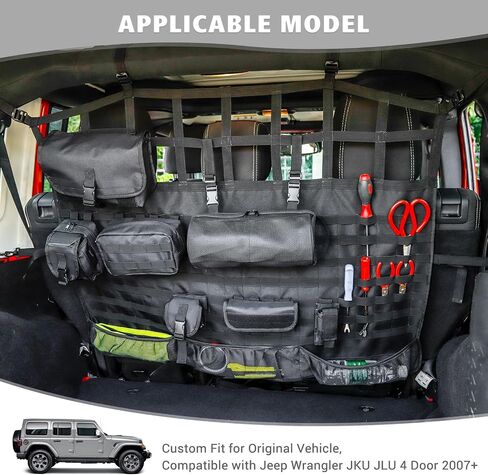 Jimen Compatible with Jeep Wrangler JK JL 4 Door 2007-2023, Back Seat Cargo Net | Trunk Organizer with Storage Pockets & Molle System | Dog Pet Barrier in Saudi Arabia