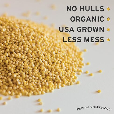 Sassafras & Pumpernickel Organic Millet Without Hulls (12 lbs) USA Grown and Packaged, Bulk Hulled White Proso Millet for Birds in Saudi Arabia