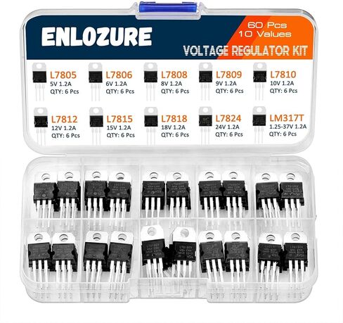 ENLOZURE 10 قيم 60 قطعة مجموعة متنوعة لمنظم الجهد الكهربي TO-220 حزمة تيار عالي إيجابي 12 فولت منظم ترانزستور - L7805 L7806 L7808 L7809 L7810 L7812 L7815 L7818 L7824 LM317T in Kuwait