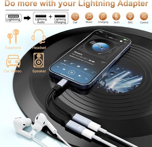 مقسم iPhone للشحن ومحول سماعة الرأس، ومحول iPhone Lightning إلى 2 Lightning، ومدخل Lightning AUX مزدوج + محول شاحن دونجل كابل مقسم لشاحن الصوت لهاتف iPhone 14/13/12/11/XS/XR/8/7/6 in Kuwait