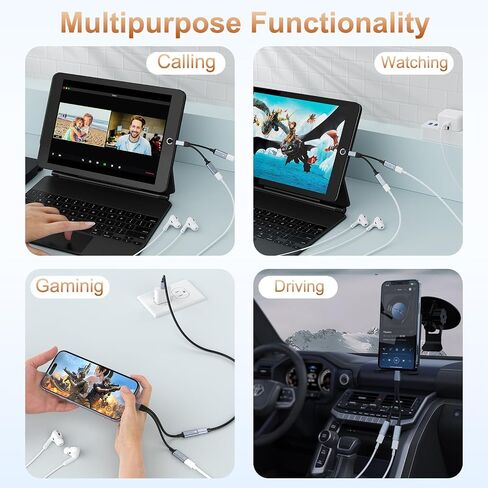 مقسم iPhone للشحن ومحول سماعة الرأس، ومحول iPhone Lightning إلى 2 Lightning، ومدخل Lightning AUX مزدوج + محول شاحن دونجل كابل مقسم لشاحن الصوت لهاتف iPhone 14/13/12/11/XS/XR/8/7/6 in Kuwait