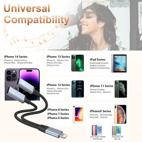 مقسم iPhone للشحن ومحول سماعة الرأس، ومحول iPhone Lightning إلى 2 Lightning، ومدخل Lightning AUX مزدوج + محول شاحن دونجل كابل مقسم لشاحن الصوت لهاتف iPhone 14/13/12/11/XS/XR/8/7/6 in Kuwait