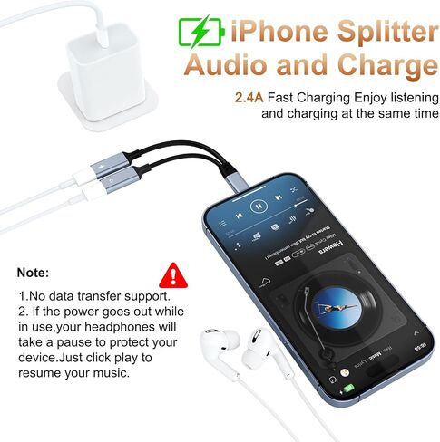 مقسم iPhone للشحن ومحول سماعة الرأس، ومحول iPhone Lightning إلى 2 Lightning، ومدخل Lightning AUX مزدوج + محول شاحن دونجل كابل مقسم لشاحن الصوت لهاتف iPhone 14/13/12/11/XS/XR/8/7/6 in Kuwait