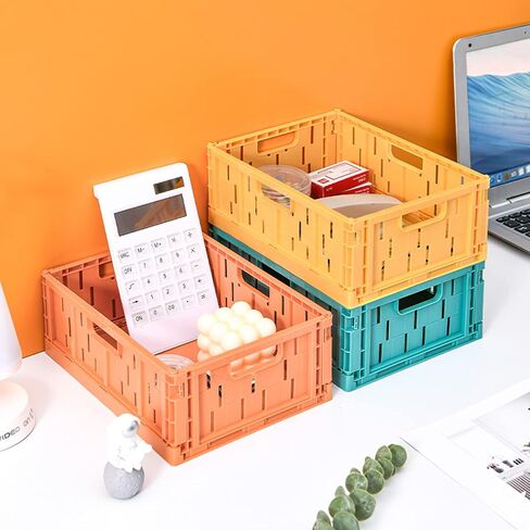 Klyuqoz Pastel Crates, 4 Pack Storage Crates Plastic Stackable, Medium Size(9.6 x 7.3 x 3.5 in), Desktop Storage Crates Folding for Home Office Bedroom.Blue, Yellow, Green, Orange in Saudi Arabia