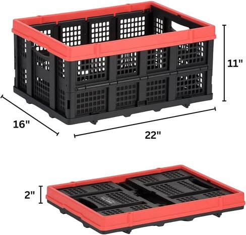 Magna Cart Tote 22" x 16" x 11" Lightweight Collapsible and Stackable Plastic Storage Crate for Home Offices and Garages, Black & Red in Kuwait