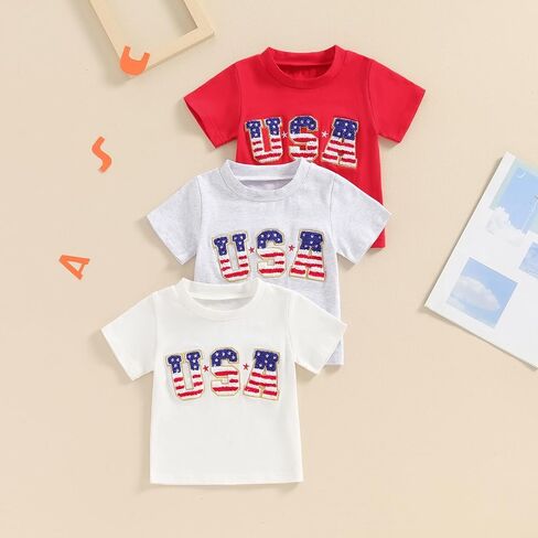 Toddler 4th of July Shirt for Boys Girls Flag Letter Embroidery Tops Toddler T-Shirt Baby Girl Clothes in Saudi Arabia