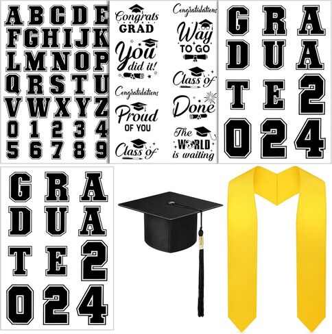 Jetec 6 Pcs Unisex Adult Graduation Stole Cap Set with a to Z Letter 0 to 9 Number Pattern Patches for 2025 Graduation in Kuwait