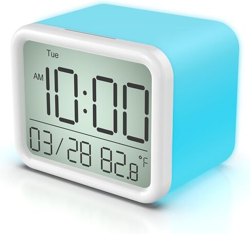 ساعة منبه ببطارية قابلة لإعادة الشحن من ريتشر مع ضوء ليلي بـ 7 ألوان، ساعة منبه صغيرة لغرفة النوم للأطفال، 8 أصوات منبه، ضوء ليلي 0-100% وخافت للساعة، حجم قابل للتعديل، درجة الحرارة، محمول in Kuwait