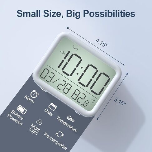 ساعة منبه ببطارية قابلة لإعادة الشحن من ريتشر مع ضوء ليلي بـ 7 ألوان، ساعة منبه صغيرة لغرفة النوم للأطفال، 8 أصوات منبه، ضوء ليلي 0-100% وخافت للساعة، حجم قابل للتعديل، درجة الحرارة، محمول in Kuwait