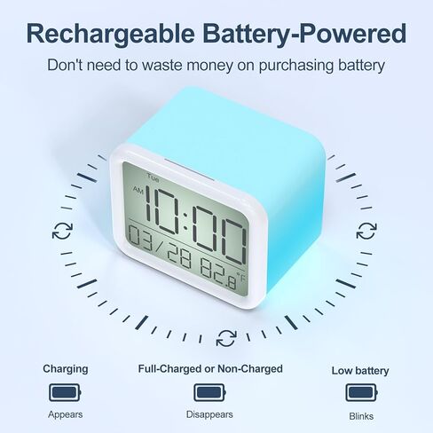 ساعة منبه ببطارية قابلة لإعادة الشحن من ريتشر مع ضوء ليلي بـ 7 ألوان، ساعة منبه صغيرة لغرفة النوم للأطفال، 8 أصوات منبه، ضوء ليلي 0-100% وخافت للساعة، حجم قابل للتعديل، درجة الحرارة، محمول in Kuwait