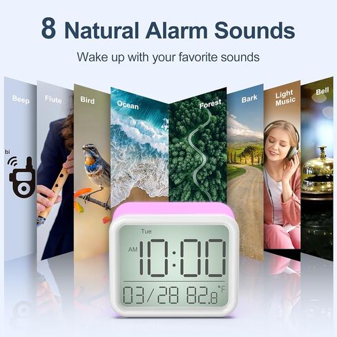 ساعة منبه ببطارية قابلة لإعادة الشحن من ريتشر مع ضوء ليلي بـ 7 ألوان، ساعة منبه صغيرة لغرفة النوم للأطفال، 8 أصوات منبه، ضوء ليلي 0-100% وخافت للساعة، حجم قابل للتعديل، درجة الحرارة، محمول in Kuwait