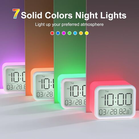 ساعة منبه ببطارية قابلة لإعادة الشحن من ريتشر مع ضوء ليلي بـ 7 ألوان، ساعة منبه صغيرة لغرفة النوم للأطفال، 8 أصوات منبه، ضوء ليلي 0-100% وخافت للساعة، حجم قابل للتعديل، درجة الحرارة، محمول in Kuwait